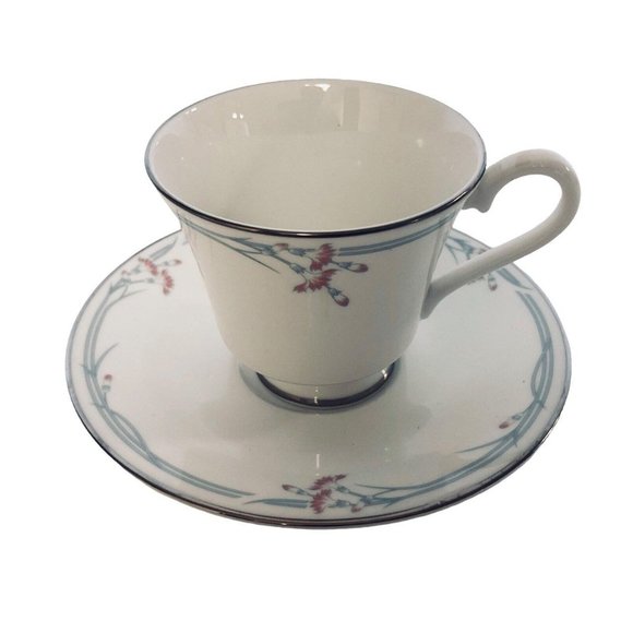 Royal Doulton Teacup Saucer Set Carnation Pink Flowers Platinum Trim England - Picture 2 of 8